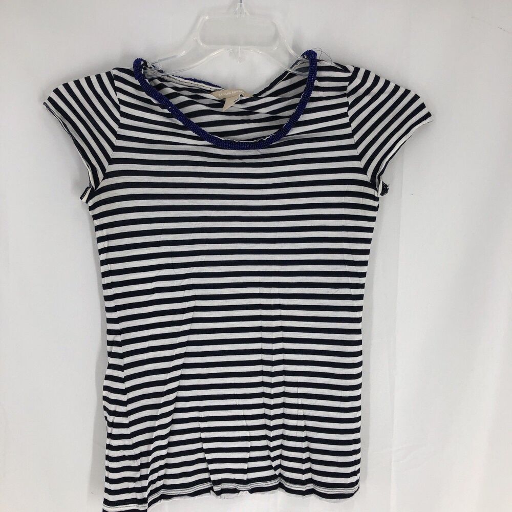 BANANA REPUBLIC Beaded Neck T-Shirt Navy Cream Stripe Tee Size XS